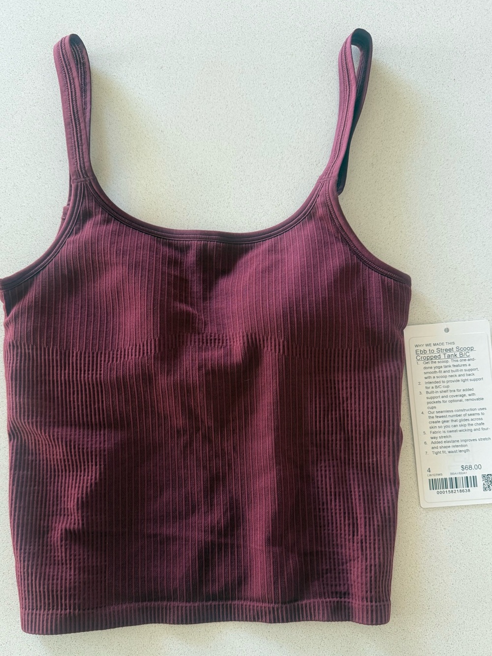 Lululemon Ebb to Street Scoop Cropped Tank B/C Burgandy Size 4